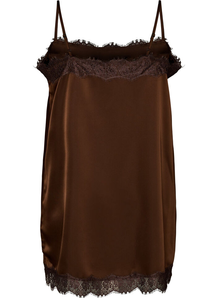Lang satintop med blondekanter, Brun, Packshot image number 1