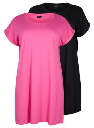 2-pak bomuldskjole med korte ærmer , Shocking Pink/Black, Packshot image number 0