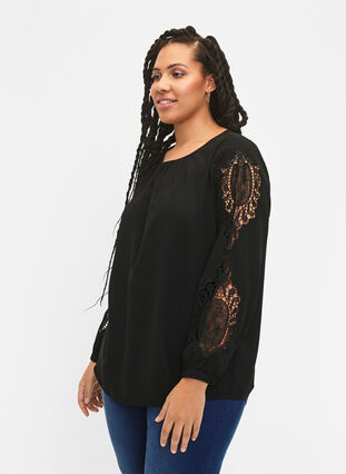 Langærmet bluse med crochet detaljer, Black, Model image number 2