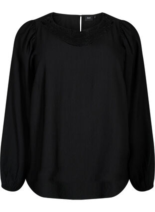 Bluse i viskose med crochet detalje, Black, Packshot image number 0