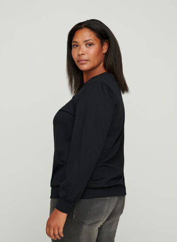 Bomulds sweatshirt med tryk på brystet, Black w. Black, Model image number 1