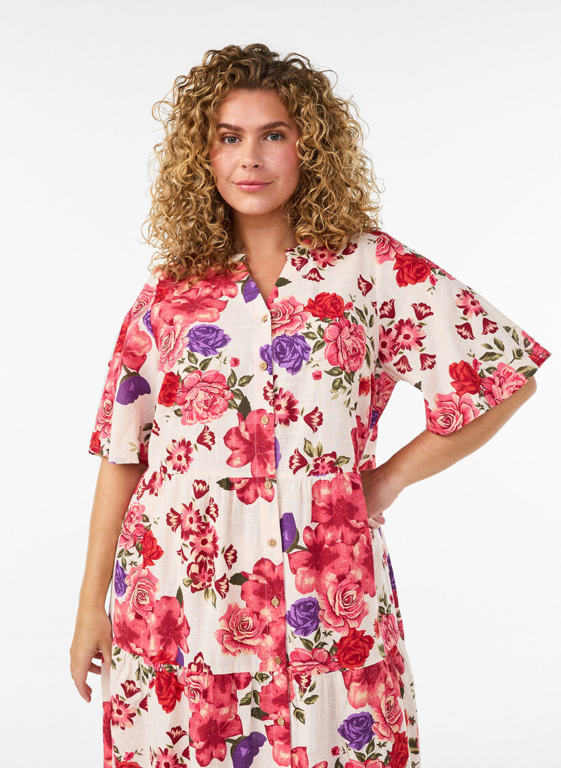 Midikjole i bomuld med blomsterprint, R&oslash;d, Model image number 2