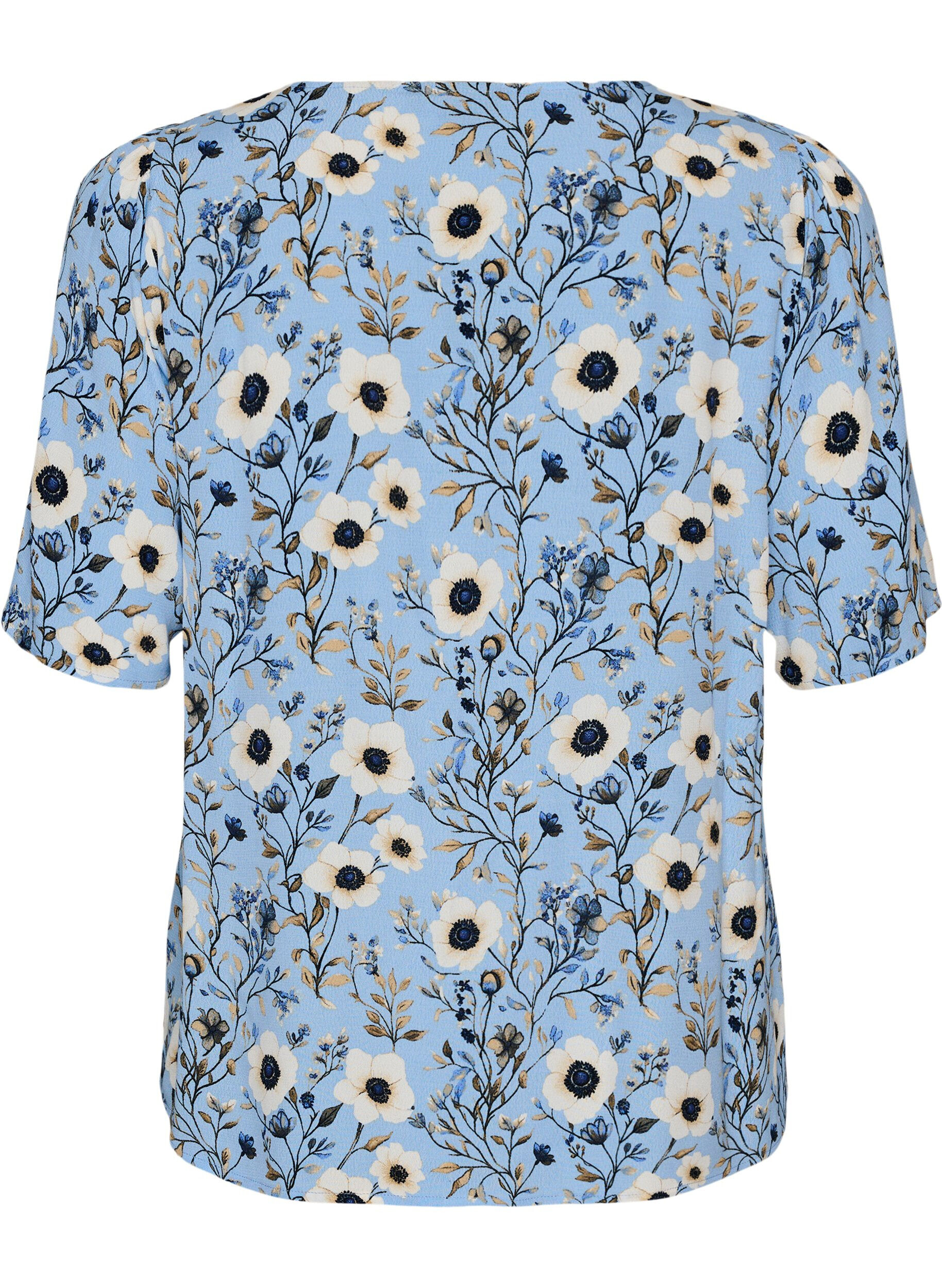 ZizziBlomstret bluse med korte &aelig;rmer, Bl&aring;, Packshot image number 1
