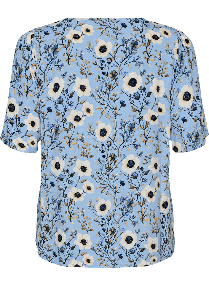 Blomstret bluse med korte &aelig;rmer, Bl&aring;, Packshot image number 1