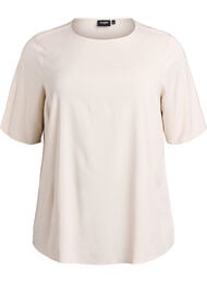 Kort&aelig;rmet v&aelig;vet bluse med rund hals, Beige