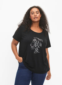 T-shirt i bomuld med motiv, Black w. Lion, Model