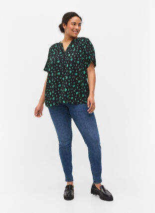 Printet bluse med korte ærmer, Green Flower AOP, Model image number 2