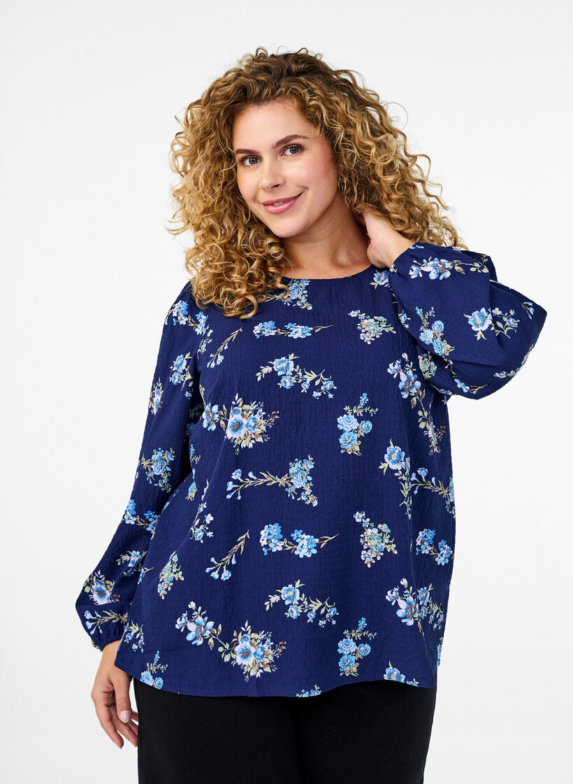 FLASH - Langærmet bluse med små blomster , Blue Flower, Model image number 0