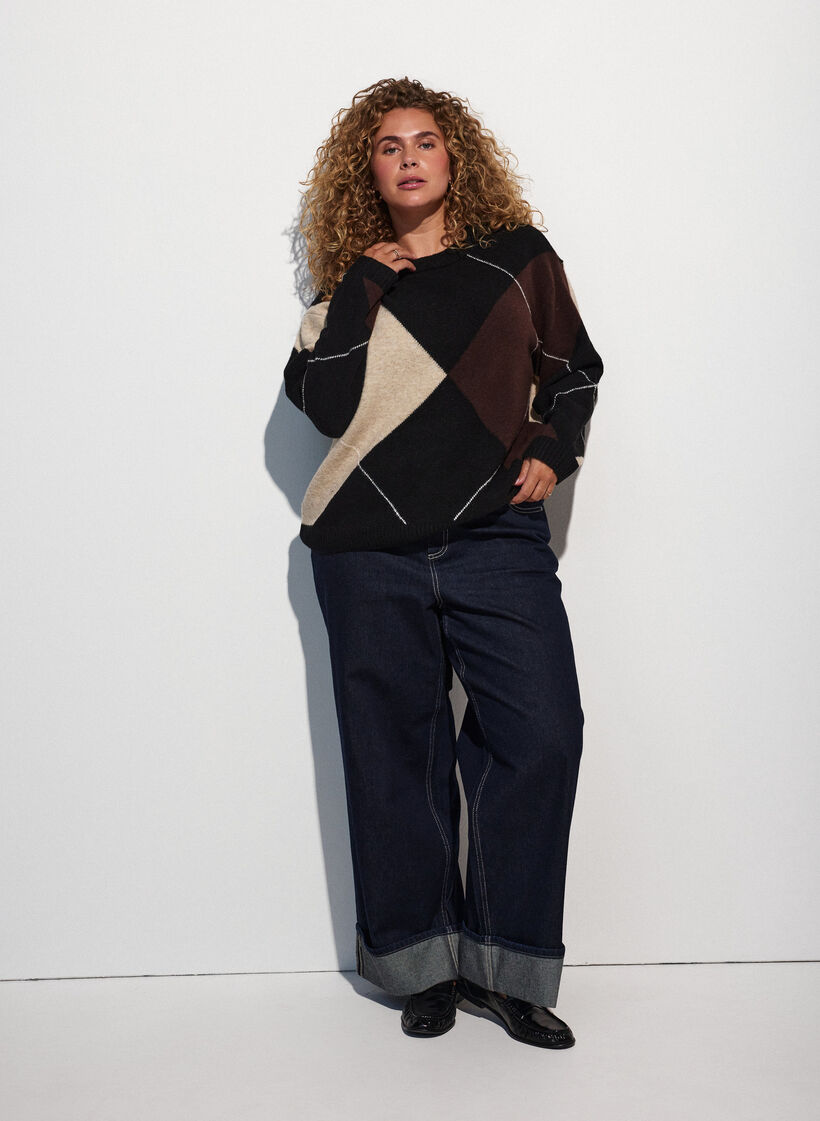 Strikbluse med harlekinm&oslash;nster, Sort, Model image number 1