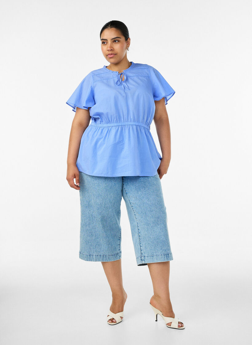 Bluse i bomuld med bindeb&aring;nd og elastisk talje, Bl&aring;, Model image number 1