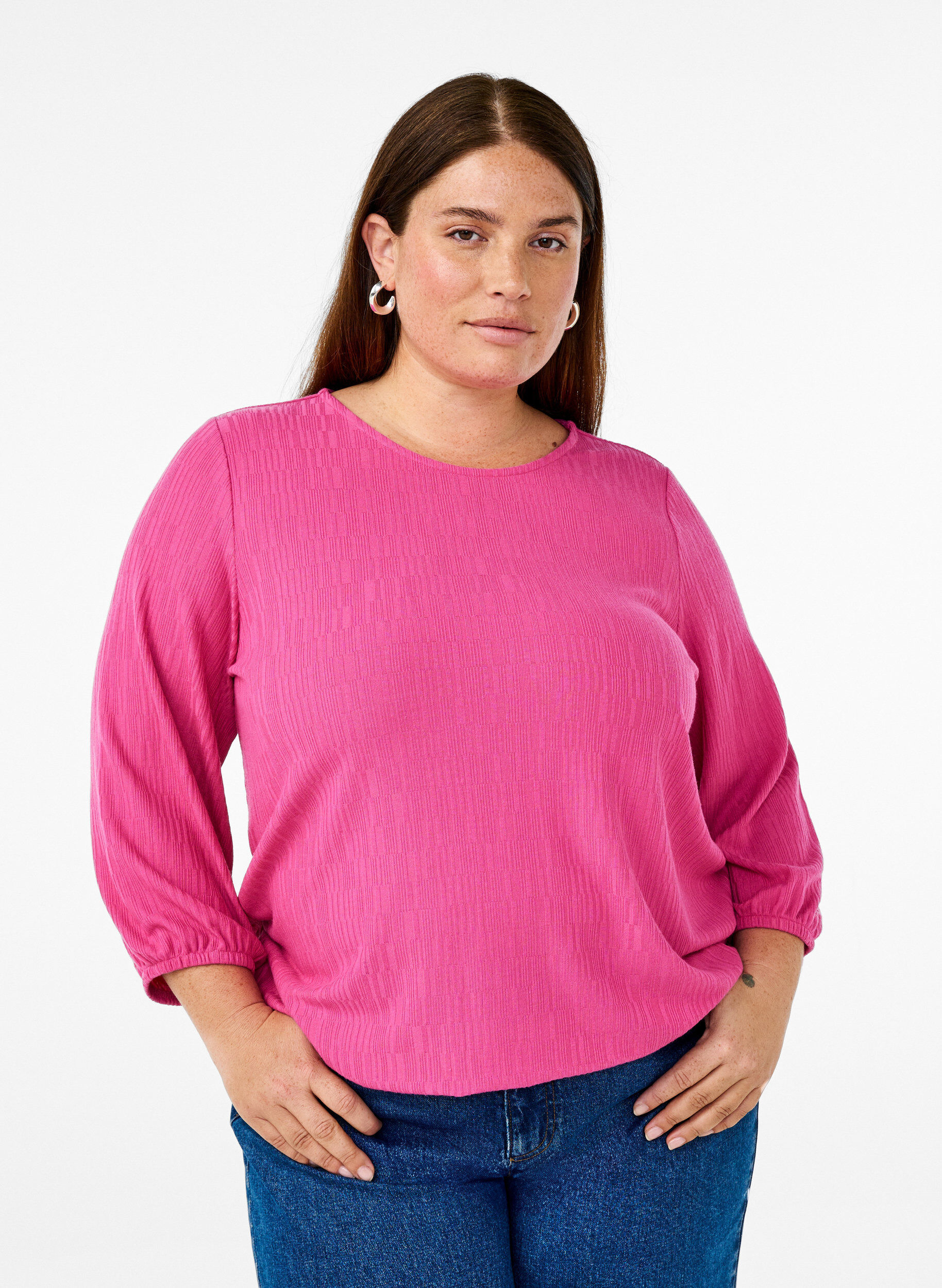 Zizzi Bluse med struktur og 3/4 &aelig;rmer, Lyser&oslash;d, Model image number 0