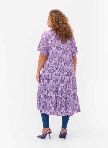 Kortærmet viskose kjole med print, D. Lavender Oriental, Model image number 1