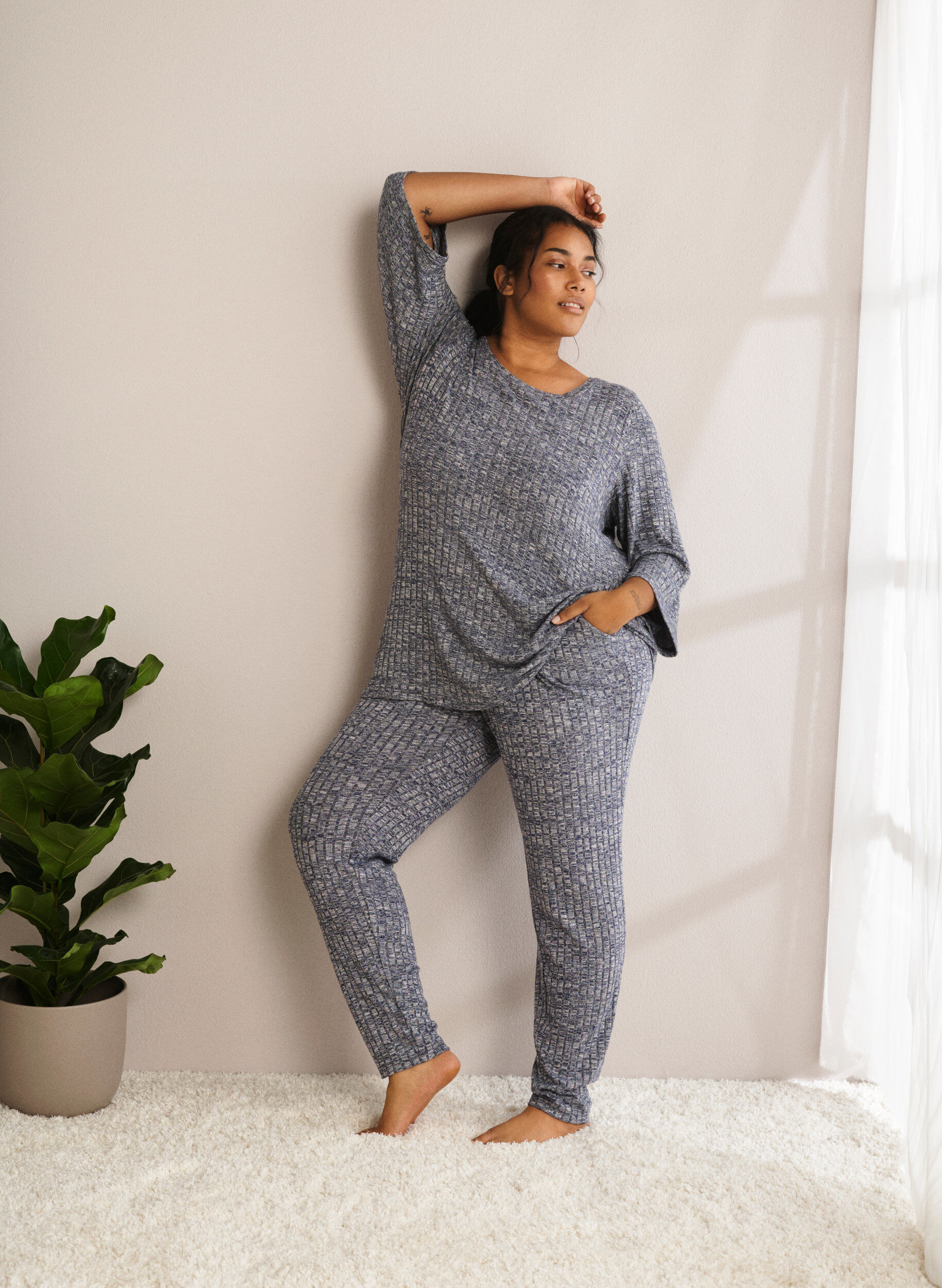 Zizzi Meleret bluse med rund hals og 3/4 &aelig;rmer, Dress Blues Mel., Image image number 0