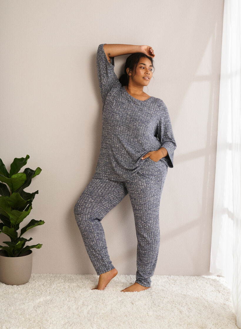 Meleret bluse med rund hals og 3/4 ærmer, Dress Blues Mel., Image image number 0