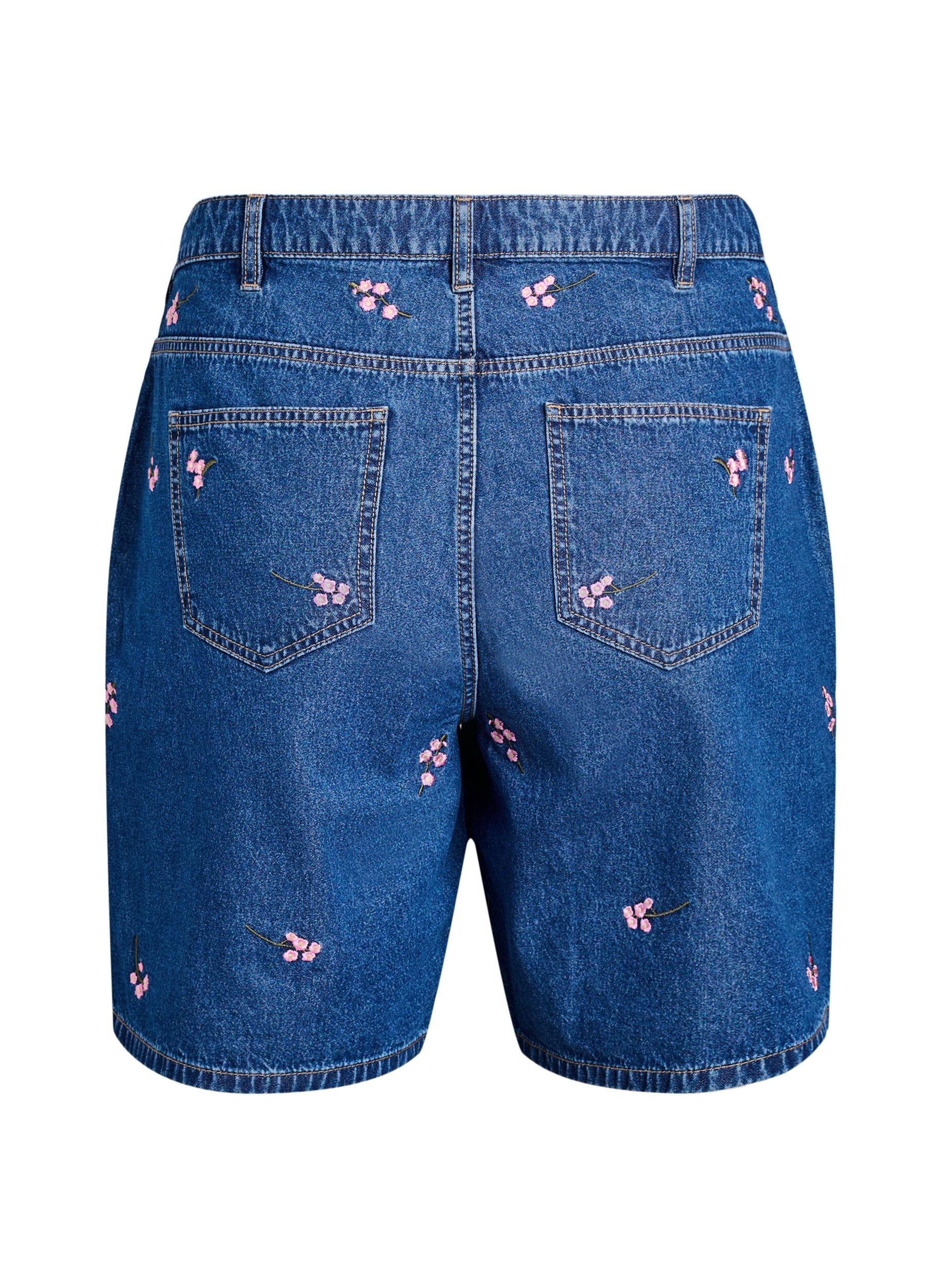 Zizzi Denim shorts med broderede blomster, Bl&aring;, Packshot image number 1