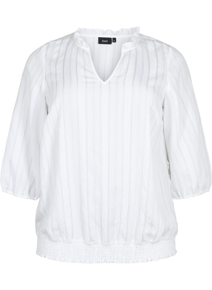 Viskosebluse med 3/4 ærmer og smock, Bright White, Packshot image number 0