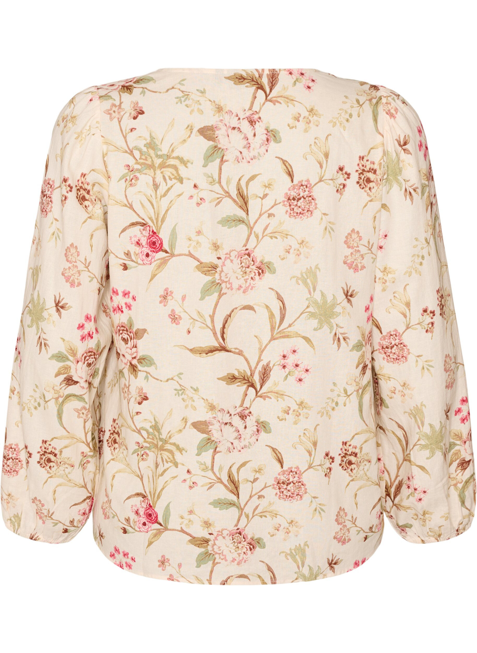 ZizziBlomstret bluse i h&oslash;r og viskose med lange &aelig;rmer, Vanilla, Packshot image number 1