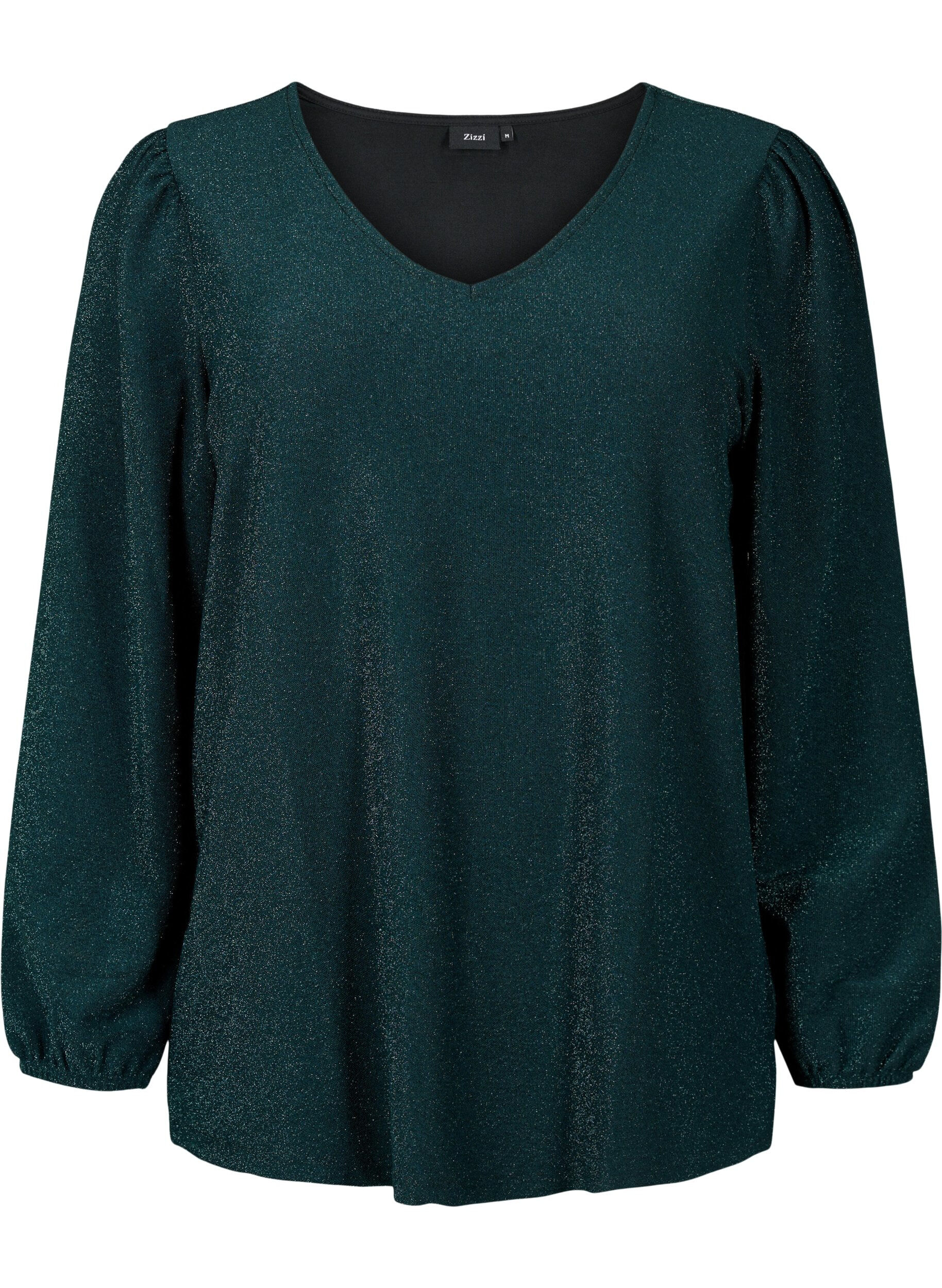 Zizzi Glimmerbluse med puf&aelig;rmer, Black Scarab, Packshot image number 0