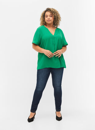 Kortærmet bluse med v-udskæring , Jolly Green, Model image number 2