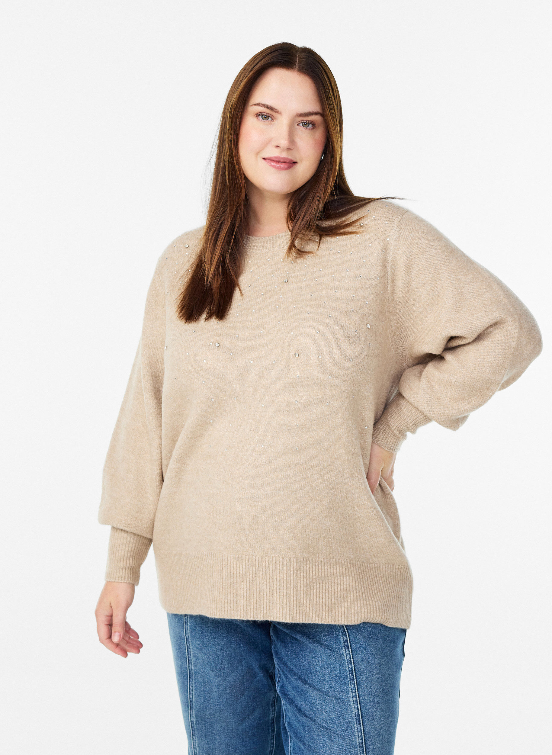 Strikbluse med rhinsten, Beige, Model