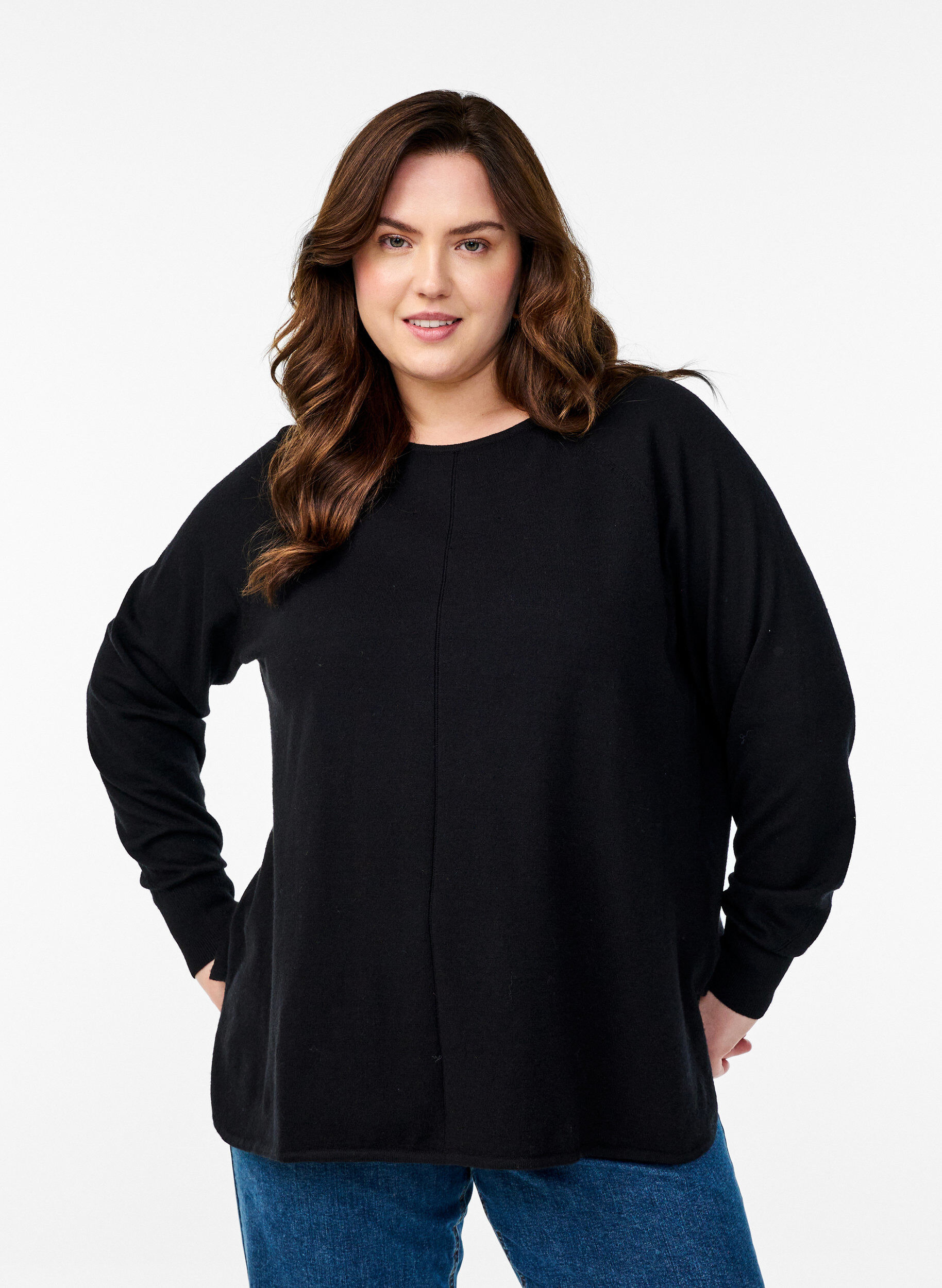 Strikbluse med rund hals og strikket m&oslash;nster, Sort, Model