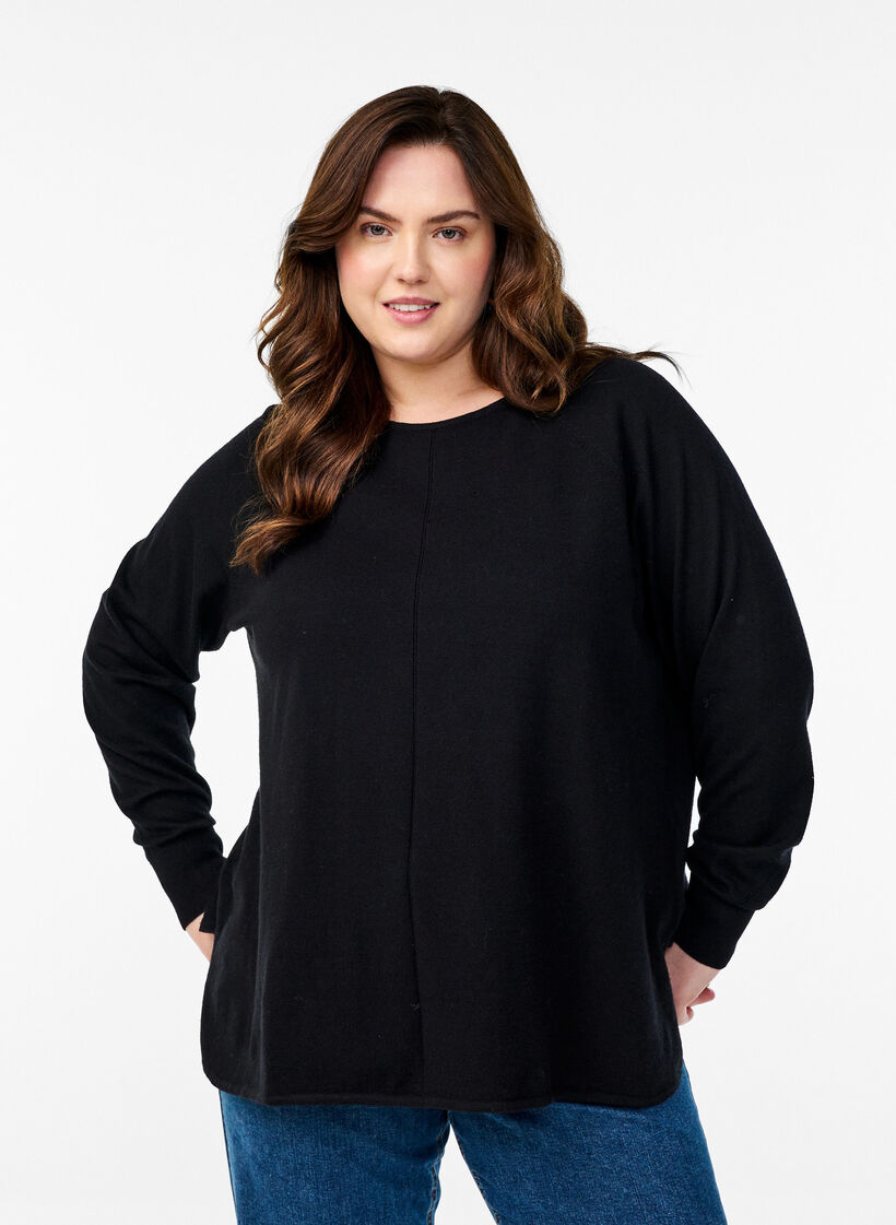 Strikbluse med rund hals og strikket m&oslash;nster, Sort, Model image number 0