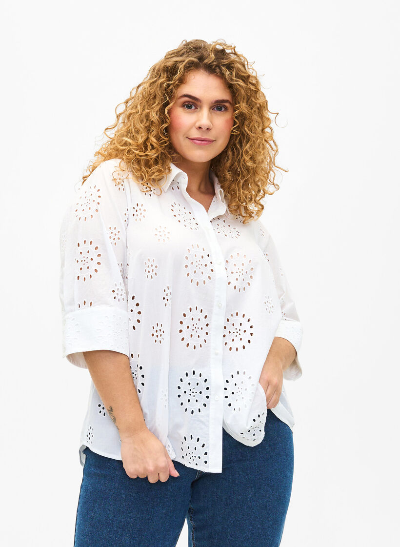 Skjortebluse med broderi anglaise og 3/4 ærmer, Bright White, Model image number 0