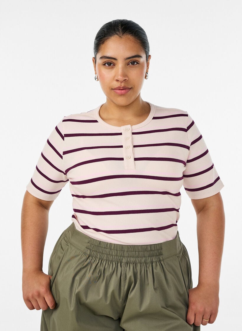 Rib T-shirt med striber og knapdetalje, Lilla, Model image number 0