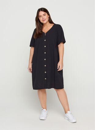 Kortærmet bomulds kjole med knapper, Black, Model image number 3