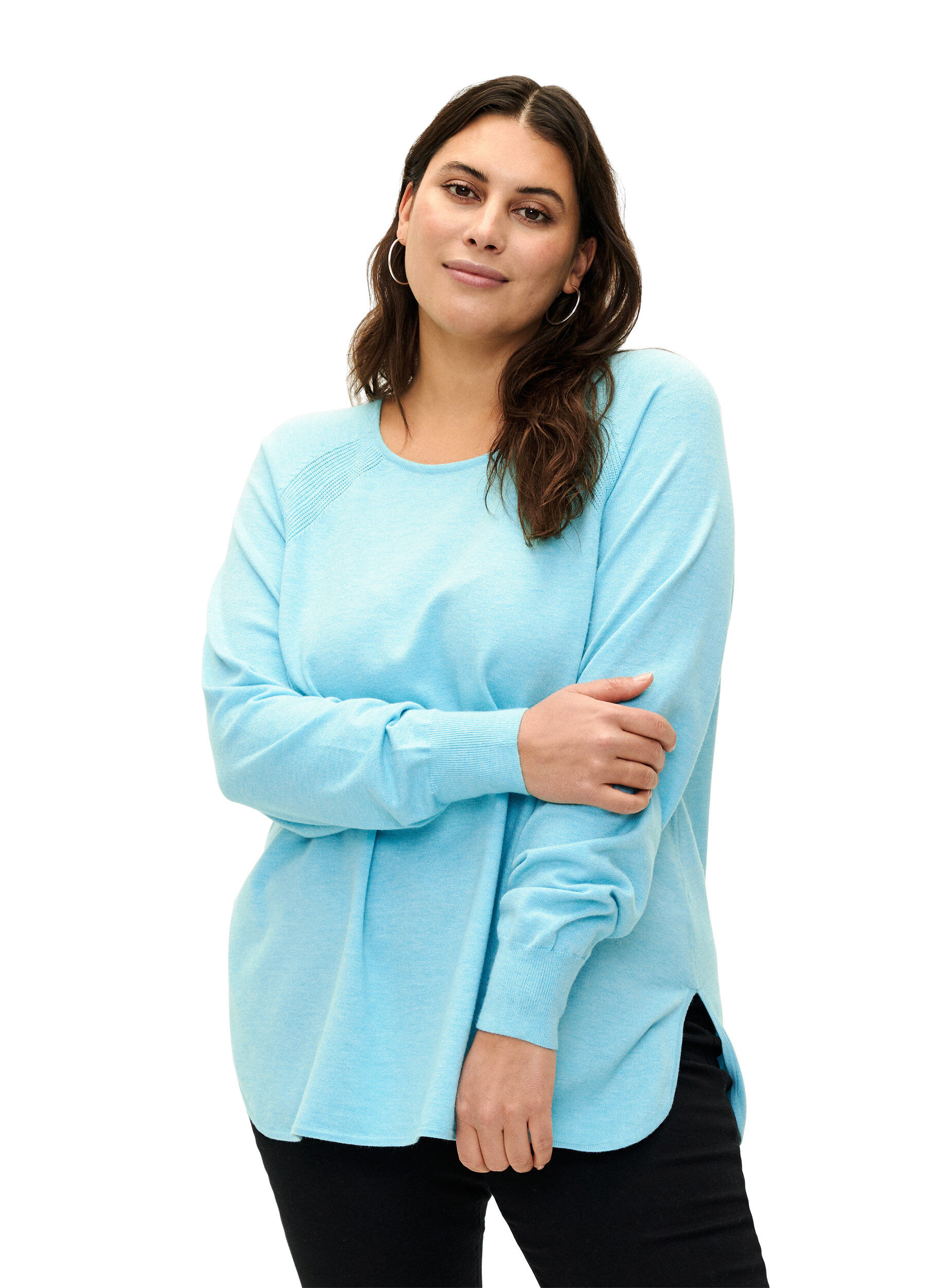 Zizzi Strikbluse med raglan&aelig;rmer, Blue Curacao Mel., Model image number 0
