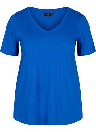 T-shirt i økologisk bomuld med v-udskæring, Princess Blue, Packshot image number 0