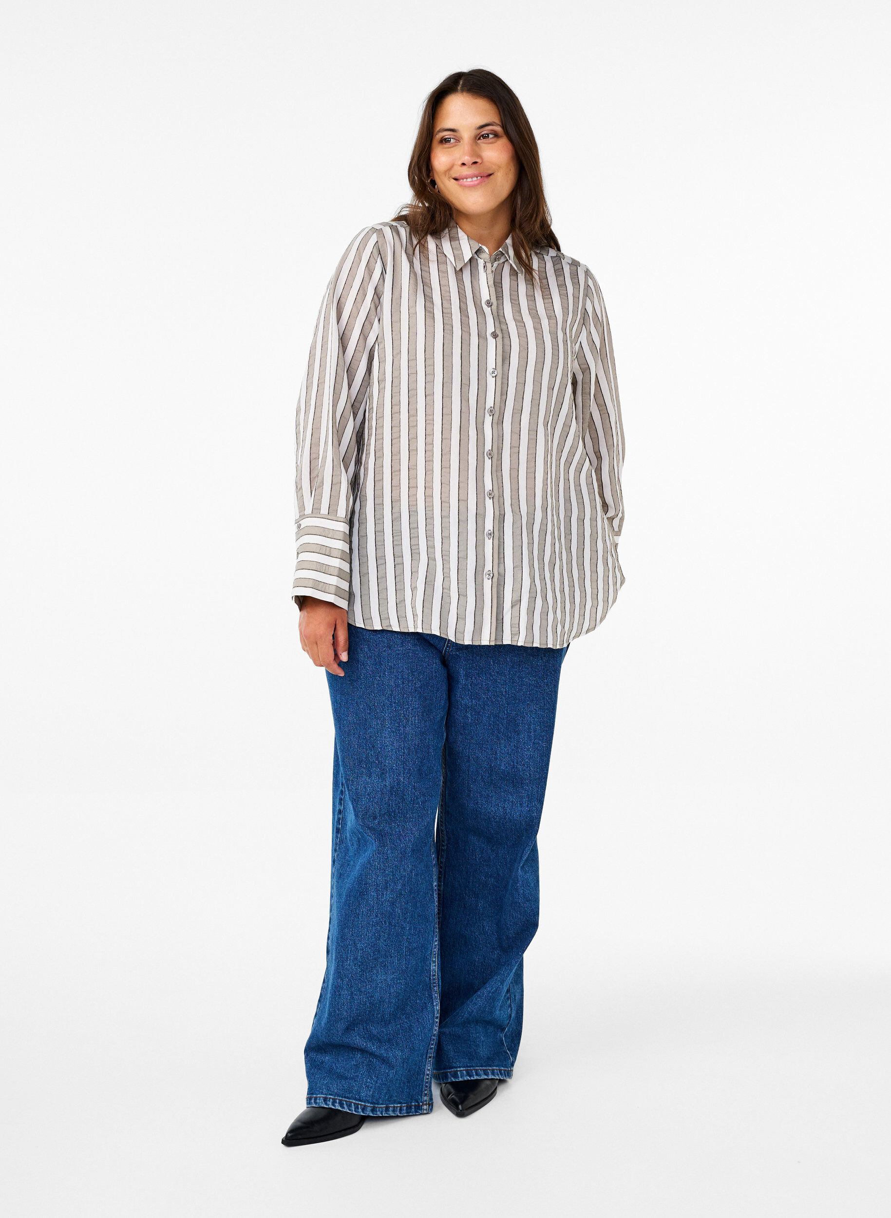 Zizzi L&oslash;s skjorte med striber, Beige, Model image number 1