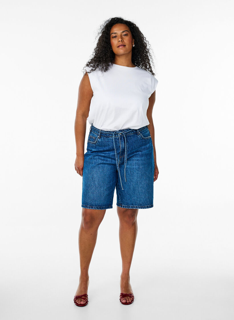 Ærmeløs jerseybluse med skulderpuder, Hvid, Model image number 1