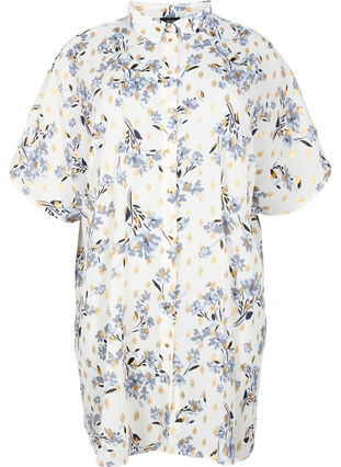 Lang skjorte med blomsterprint, White Flower/Gold, Packshot image number 0