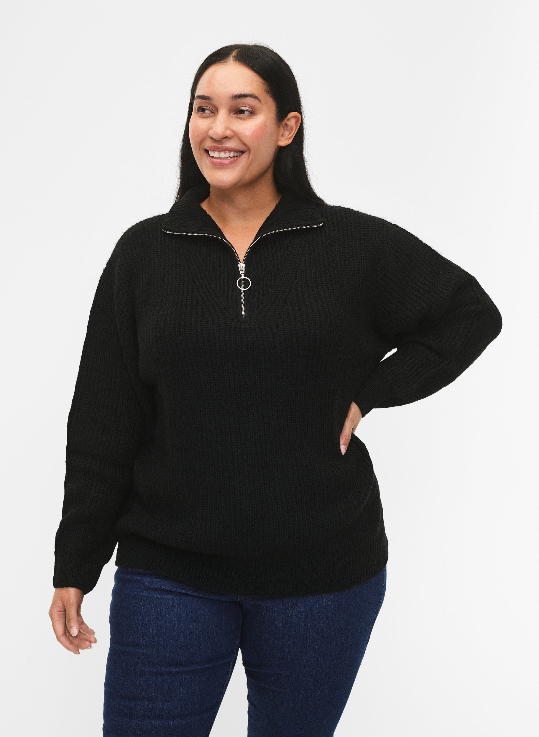 ZizziStriktr&oslash;je med h&oslash;j hals og lynl&aring;s, Sort, Model image number 0