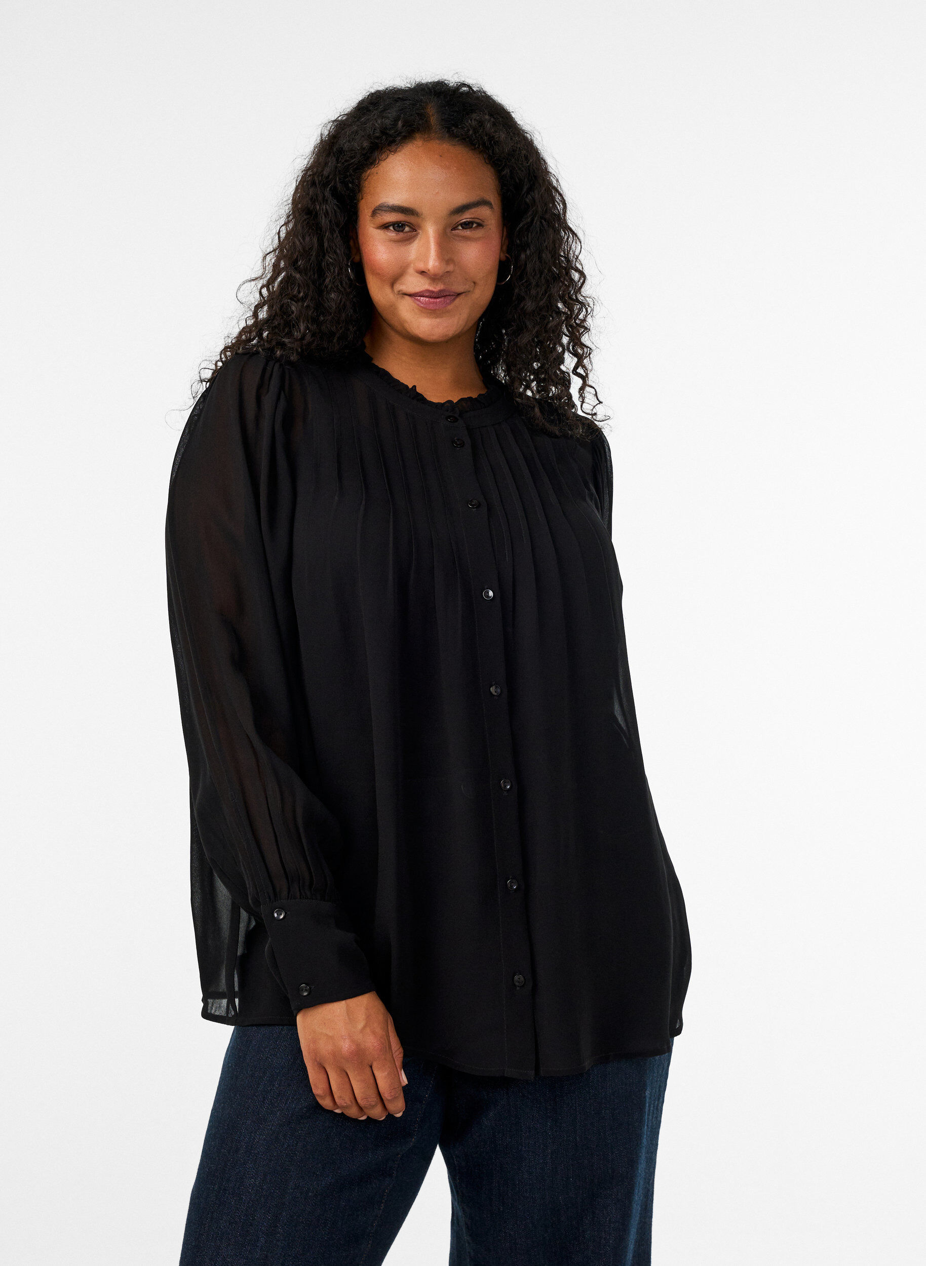 Skjortebluse i viskose med fl&aelig;sekrave, Sort, Model