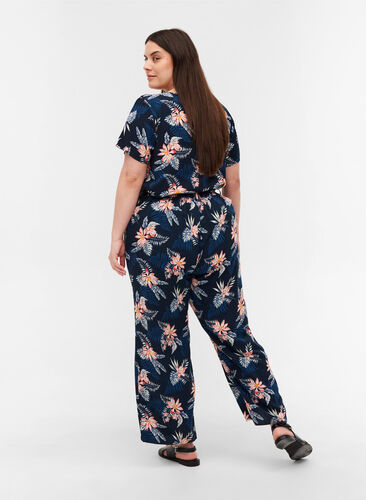 Viskose bukser med print og lommer, Blue Flower Leaf AOP, Model image number 1