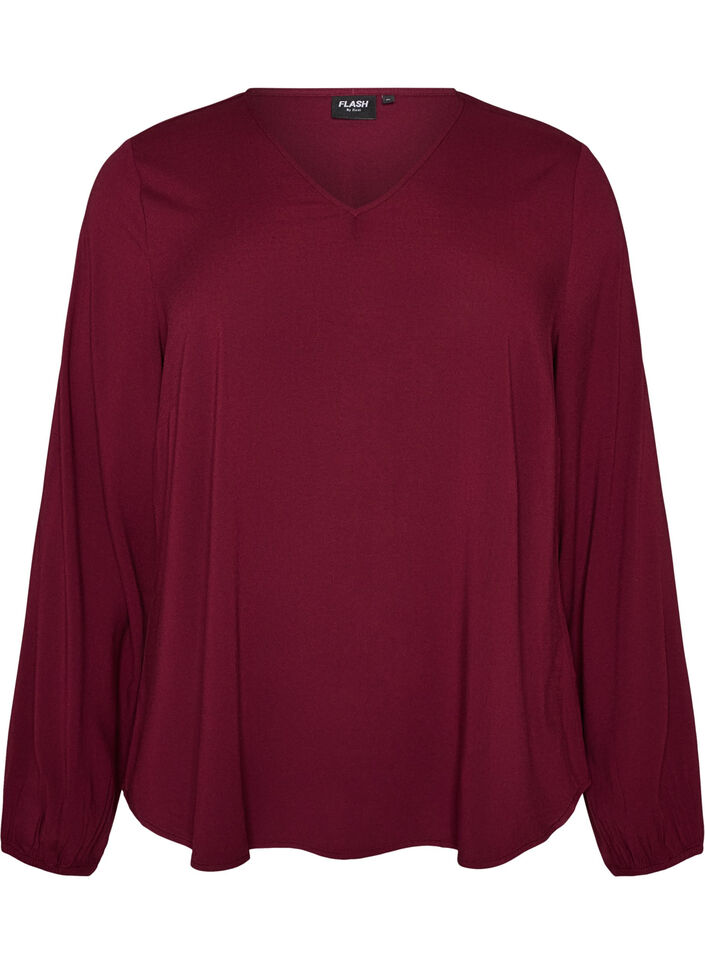 Viskosebluse med V-hals og lange &aelig;rmer, R&oslash;d, Packshot image number 0