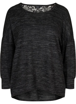 Langærmet bluse med blonder, Dark Grey Melange, Packshot image number 0