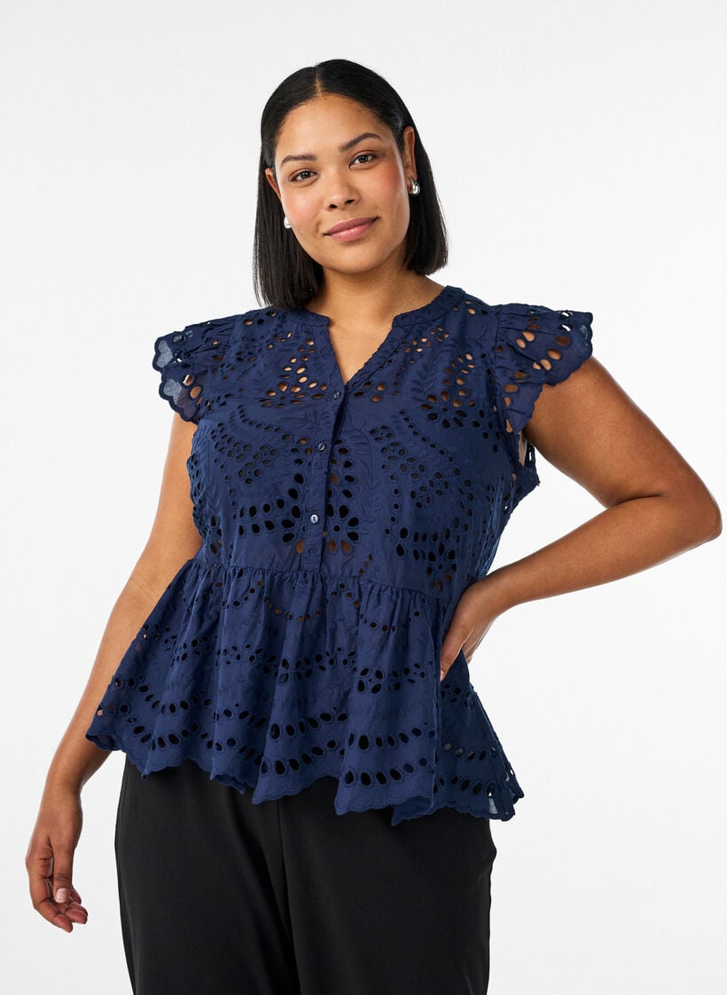 &AElig;rmel&oslash;s bluse i broderie anglaise med fl&aelig;ser, Bl&aring;, Model image number 0