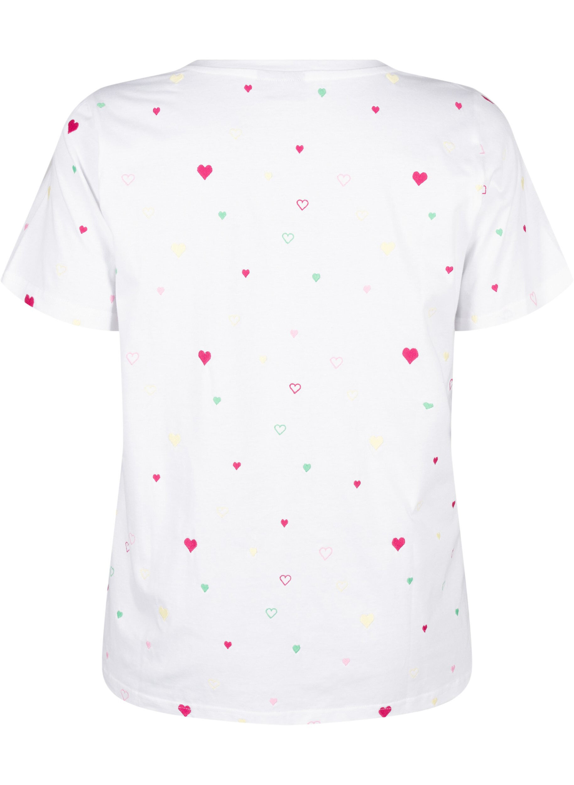 Zizzi T-shirt i &oslash;kologisk bomuld med hjerter., White Heart Emb., Packshot image number 1