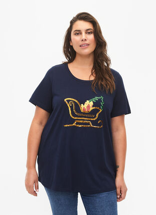 Jule t-shirt med pailletter, Navy Blazer SLATE, Model image number 0