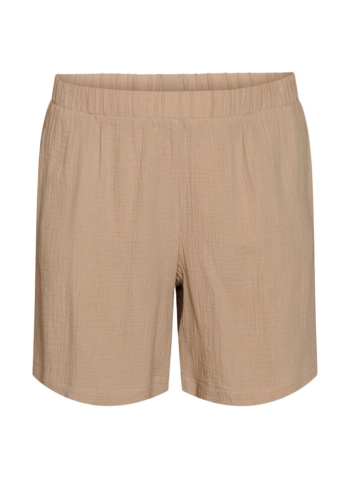 Shorts i bomuldsmusselin med h&oslash;j talje, Beige, Packshot image number 0