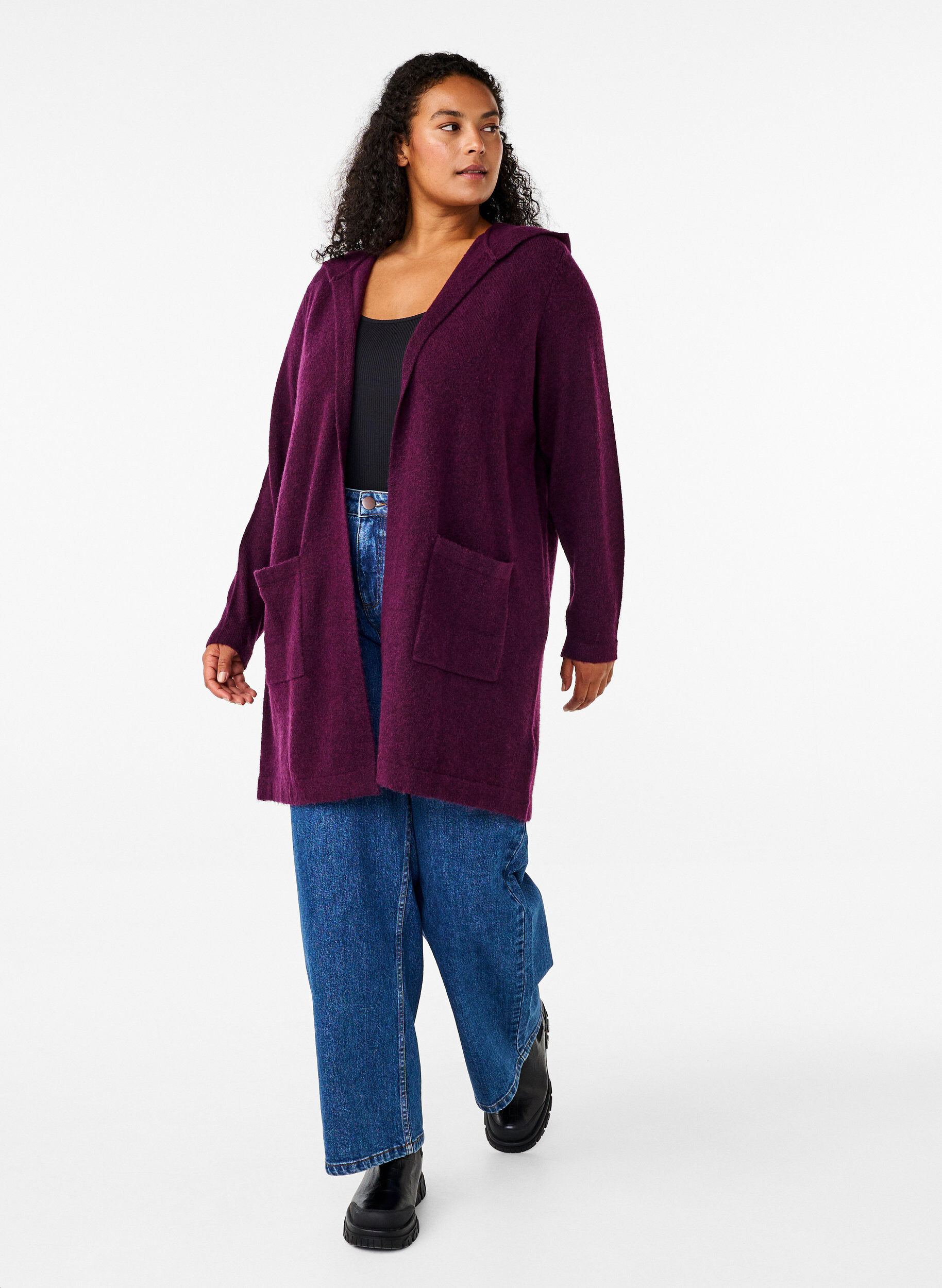 Zizzi Lang strik cardigan med uld og h&aelig;tte, Potent Purple Mel., Model image number 2