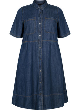 Denim skjortekjole med korte ærmer , Dark blue denim, Packshot image number 0