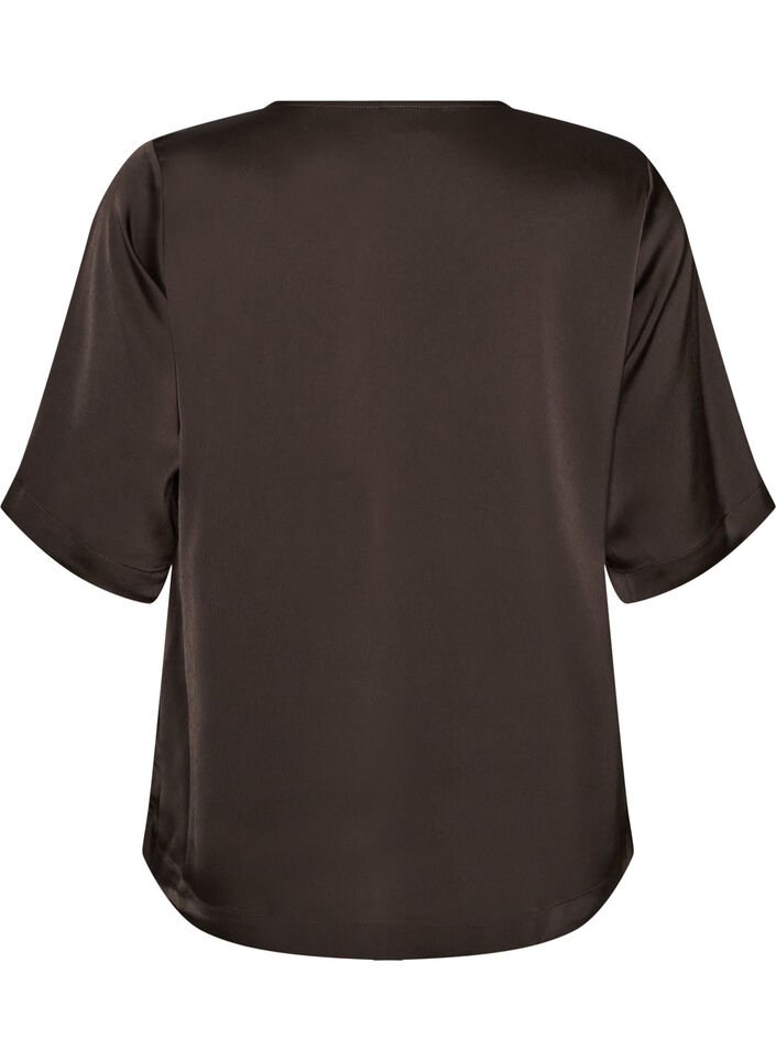 Satinbluse med albuelange &aelig;rmer, Brun, Packshot image number 1