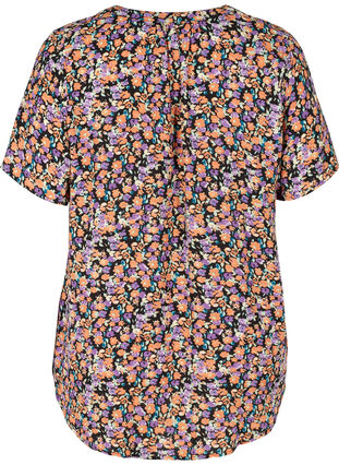 Printet bluse med korte ærmer, Black Flower AOP, Packshot image number 1