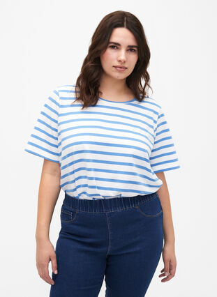 Stribet t-shirt i økologisk bomuld, Marina Stripe, Model image number 0