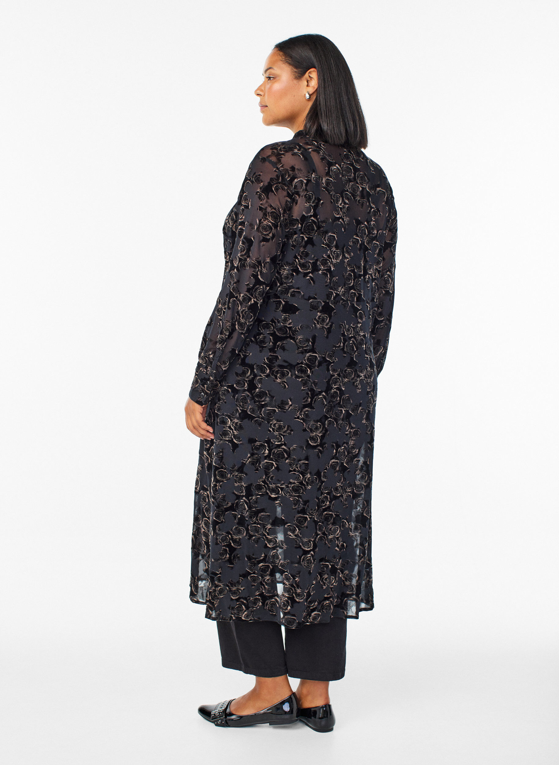 Zizzi Midikjole i mesh med velourroser, Sort, Model image number 1