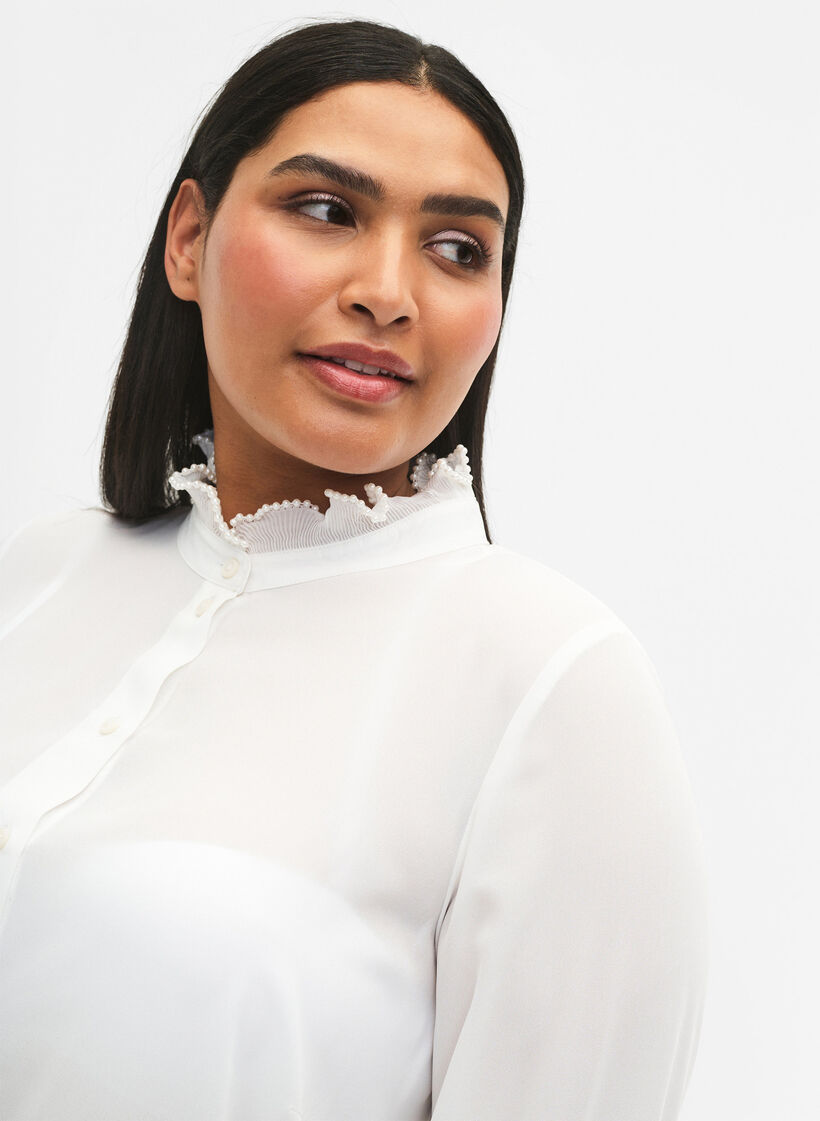Skjortebluse med flæsedetaljer, Bright White, Model image number 2